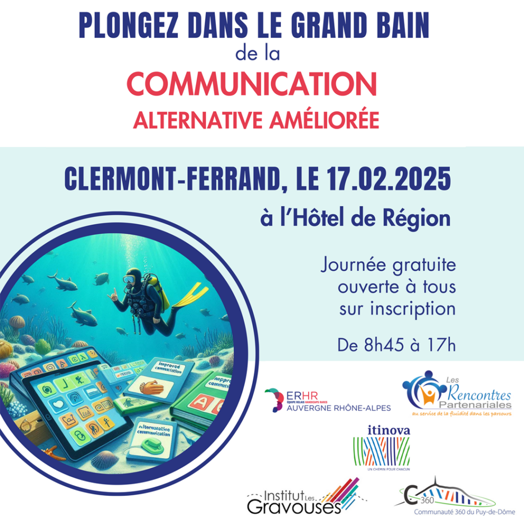 Image d'un plongeur avec posé au fond de l'eau des pictogrammes de CAA, communication alternative et améliorée