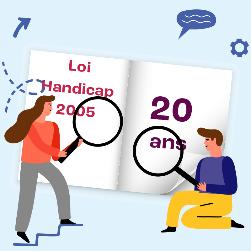 Illustration de 2 personnes avec une loupe examinant la loi handicap