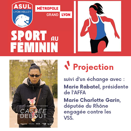 Dessin d'une athlète en train de courir et affiche du film Cassée debout