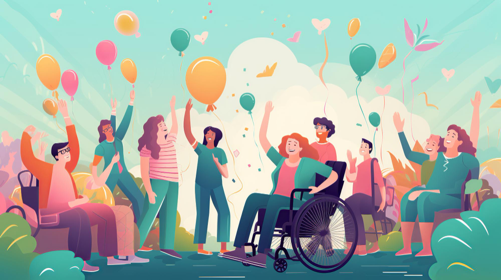 Personnes, dont des personnes en situation de handicap, faisant la fête