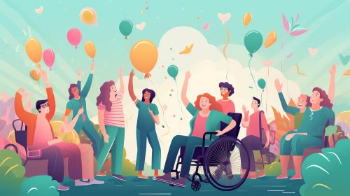 Personnes, dont des personnes en situation de handicap, faisant la fête