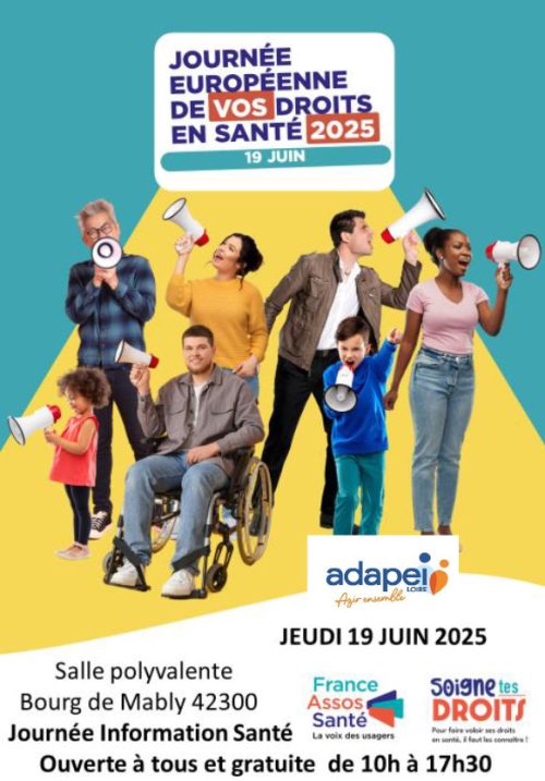 Photo d'un groupe de personnes dont certaines en situation de handicap avec des mégaphones pour annoncer la journée européenne de vos droits en santé